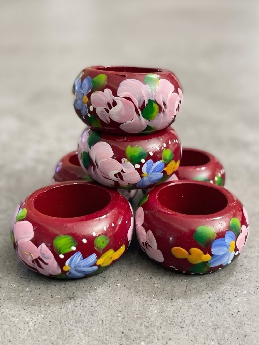 Vintage Hand Painted Wood Napkin Rings Red Floral Folk Art Set of 6